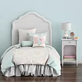 Kids Bed with White Curved Headboard Soft Pillows Bird Print Cushion and White Nightstand