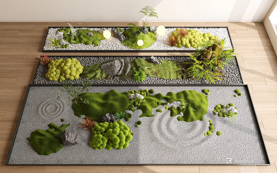 Artistic Moss Landscape with Various Forms Stones Circular Sand Patterns and Small Plants 3d model 