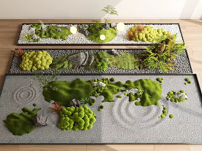 Artistic Moss Landscape with Various Forms Stones Circular Sand Patterns and Small Plants 3d model