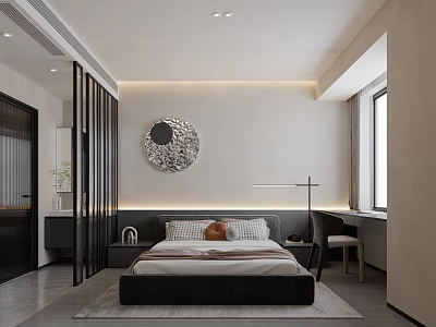Modern Bedroom Interior With Black Bed Round Decorative Wall Art And Desk Chair 3d model