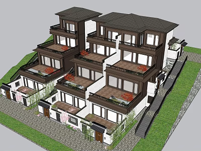Traditional Chinese Style Multi Story Townhouse with Balconies Dark Roof White Exterior and Green Lawn 3d model