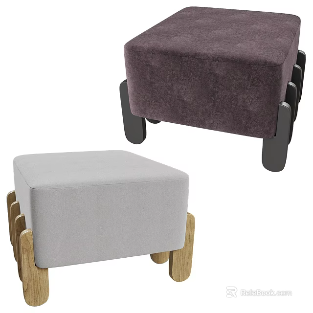 Modern Upholstered Ottoman Footstool With Light Gray And Dark Purple Fabric And Wooden Black Legs 3d model 