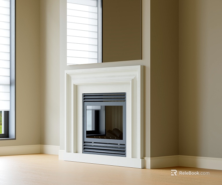 White Frame Fireplace In Modern Interior With Beige Walls Windows And Light Wooden Floor 3d model 