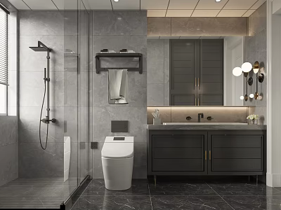 Modern Bathroom Interior Design With Glass Shower Toilet Double Vanity And Gray Tiles 3d model