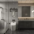 Modern Bathroom Interior Design With Glass Shower Toilet Double Vanity And Gray Tiles