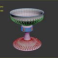 Silver Decorative Metal Tray with Intricate Base Design and Red Accents