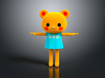Cute Yellow Bear 3D Animated Game Character With Red Ears Blue Dress And Outstretched Arms 3d model