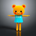 Cute Yellow Bear 3D Animated Game Character With Red Ears Blue Dress And Outstretched Arms