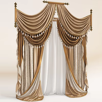 Luxury Gold And Beige Curtains With Elegant Drapery Tassel And Crystal Pendant Design 3d model