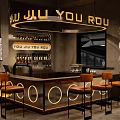 Modern Industrial Bar Interior Design With Neon Sign Bar Counter High Chairs And Wine Racks