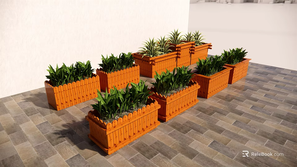 Outdoor Orange Planter Boxes Filled With Lush Green Plants For Garden Decoration 3d model 