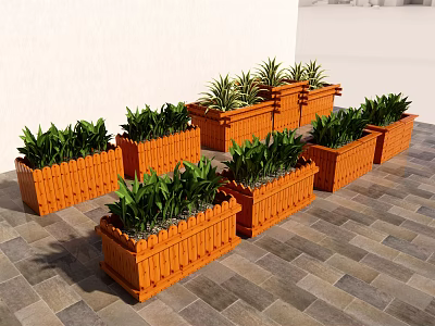 Outdoor Orange Planter Boxes Filled With Lush Green Plants For Garden Decoration 3d model