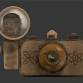 Handcrafted Wooden Digital Camera With Round Lens Grill Component And Atomic Symbols Design