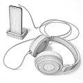 White And Silver Headphones With Red Cable Connected To Smartphone On Stand And Q Logo