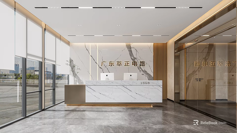 Modern Reception Desk Interior With Marble Surface Two Computers And Glass Doors Design 3d model 
