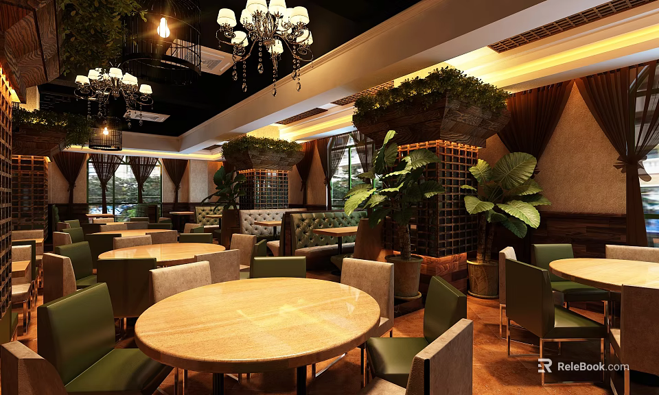 Elegant Restaurant Interior With Chandeliers Green Plants Round Tables And Green Chairs 3d model 