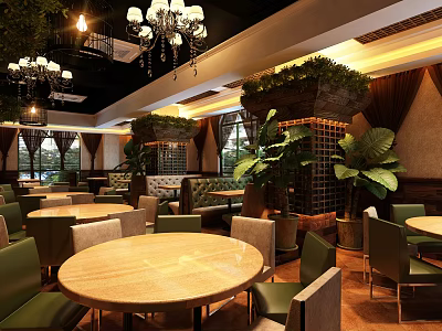 Elegant Restaurant Interior With Chandeliers Green Plants Round Tables And Green Chairs 3d model