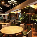 Elegant Restaurant Interior With Chandeliers Green Plants Round Tables And Green Chairs