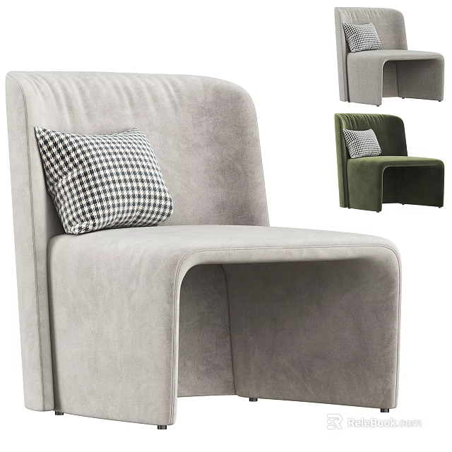 Modern Gray Accent Chair with Black and White Checkered Pillow and Green Design 3d model 