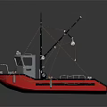 Small Red And Gray Work Boat With Cabin Flat Deck Mast And Ropes 3d model
