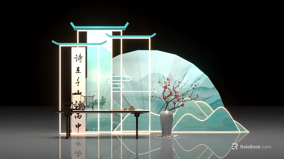 Chinese Traditional Poetry Scene With Pavilion Structure Fan Shaped Screen And Plum Blossom 3d model 