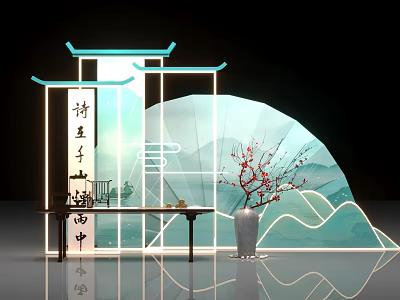 Chinese Traditional Poetry Scene With Pavilion Structure Fan Shaped Screen And Plum Blossom 3d model