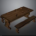 Rustic Solid Wood Dining Table With Matching Bench And Orange Decor Items On Top