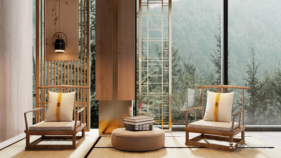 Traditional Style Wooden Frame Leisure Chairs With Linen Cushions And Mountain View 3d model 