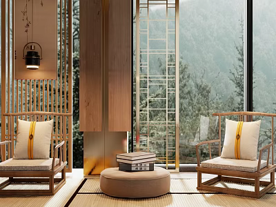 Traditional Style Wooden Frame Leisure Chairs With Linen Cushions And Mountain View 3d model