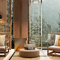 Traditional Style Wooden Frame Leisure Chairs With Linen Cushions And Mountain View