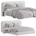 Beige Double Bed With Upholstered Headboard White Pillows Striped Blanket And Wooden Side Table