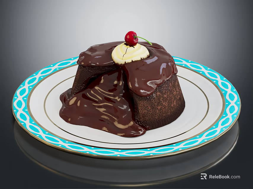 Chocolate Lava Cake With Whipped Cream And Cherry On Blue White Patterned Plate 3d model 