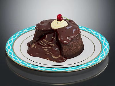 Chocolate Lava Cake With Whipped Cream And Cherry On Blue White Patterned Plate 3d model
