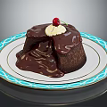 Chocolate Lava Cake With Whipped Cream And Cherry On Blue White Patterned Plate