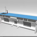 Laboratory Workbench With Blue Countertop White Cabinetry Black Drawers And Faucet