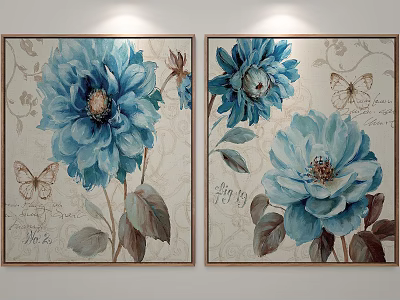 Botanical Paintings with Blue Flowers Butterflies and Vintage Background as Framed Wall Art Decor 3d model