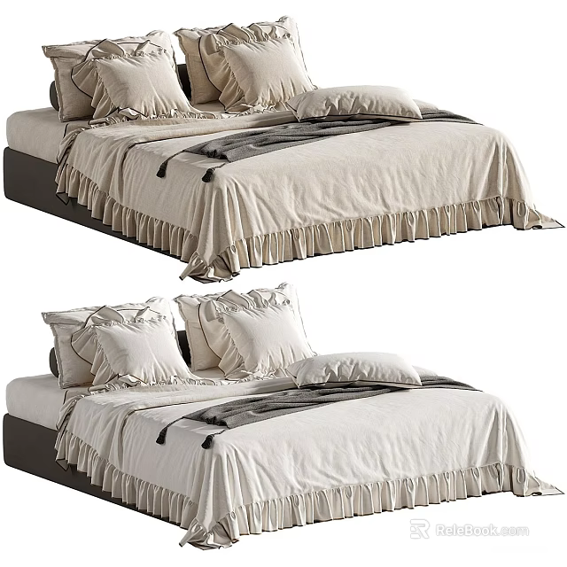 Elegant Modern Double Bed Interior With Neutral Bedding Pillows And Ruffled Edges 3d model 