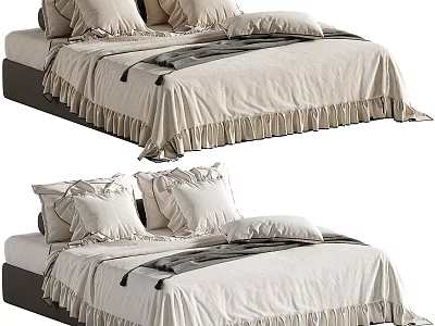 Elegant Modern Double Bed Interior With Neutral Bedding Pillows And Ruffled Edges 3d model