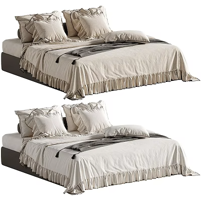 Elegant Modern Double Bed Interior With Neutral Bedding Pillows And Ruffled Edges 3d model