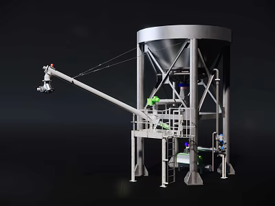 Large Industrial Storage Tank Equipment With Conveyor Arm And Metal Structure 3d model