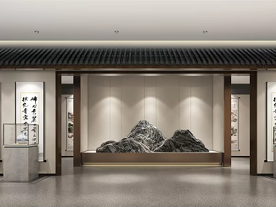 Book Art Display Hall With Chinese Rockery Calligraphy And Traditional Design Elements 3d model