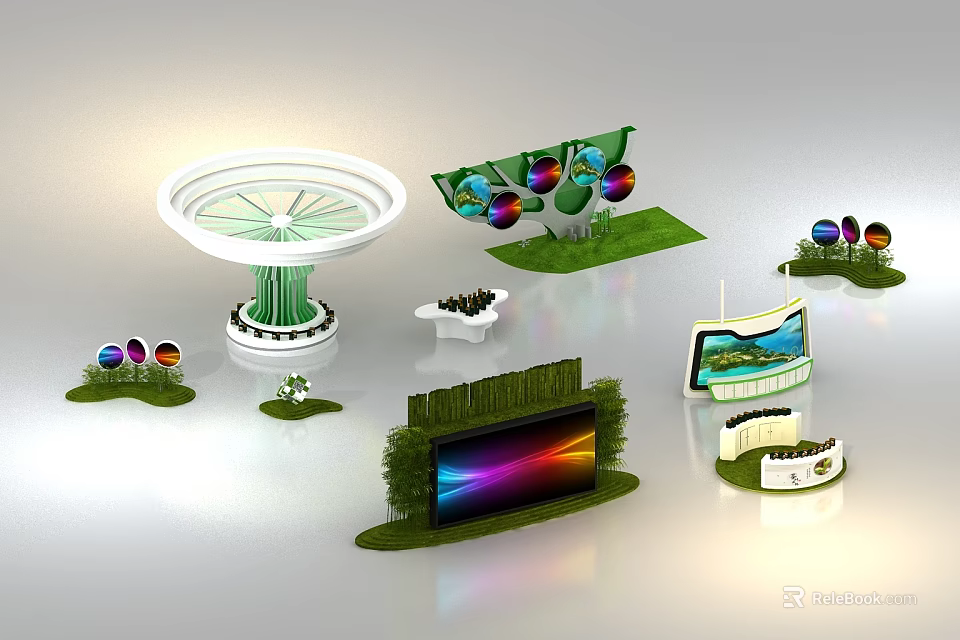 Modern Creative Display Shelves with Unique Structures and Colorful Decorative Elements 3d model