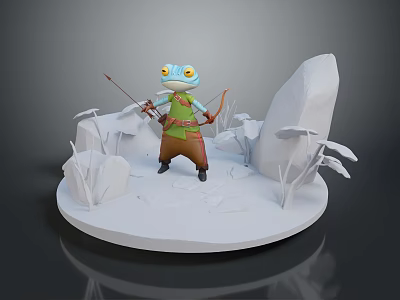 Frog with a bow and arrow standing among rocks and plants 3d model