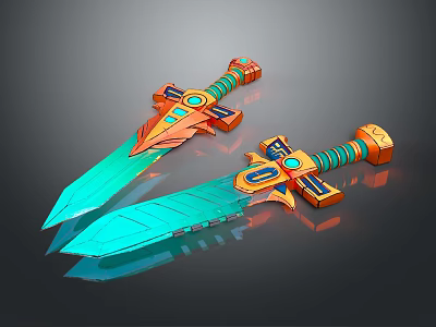 Two Shiny Decorative Swords With Turquoise Blades And Orange Ornate Hilts 3d model