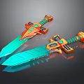 Two Shiny Decorative Swords With Turquoise Blades And Orange Ornate Hilts