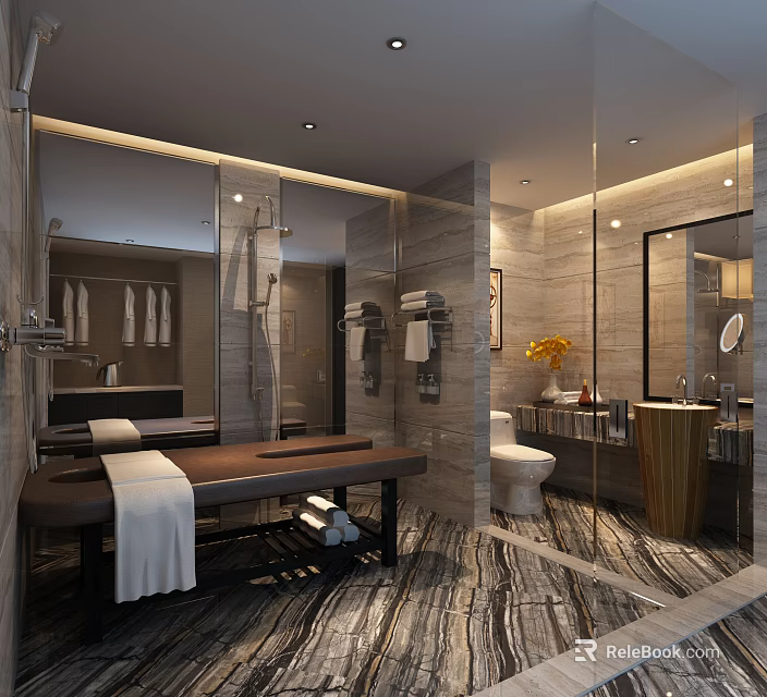 Luxurious Modern Hotel Bathroom Interior With Marble Walls Large Mirror And Rainfall Shower 3d model 