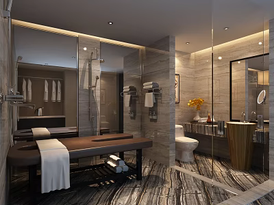 Luxurious Modern Hotel Bathroom Interior With Marble Walls Large Mirror And Rainfall Shower 3d model