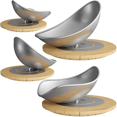 Decorative Curved Silver Metal Garden Ornaments With Round Wooden Bases 3d model