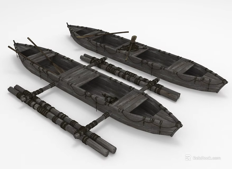 Two Traditional Wooden Boats With Oars And Bundled Wooden Poles 3d model 
