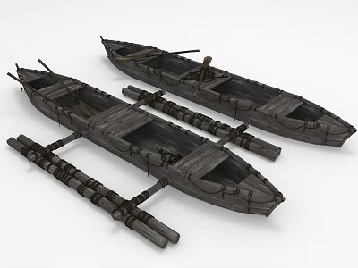 Two Traditional Wooden Boats With Oars And Bundled Wooden Poles 3d model
